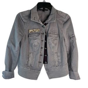 White House Black Market Gray Denim Moto Military Jean Jacket Women's‎ Size 4P